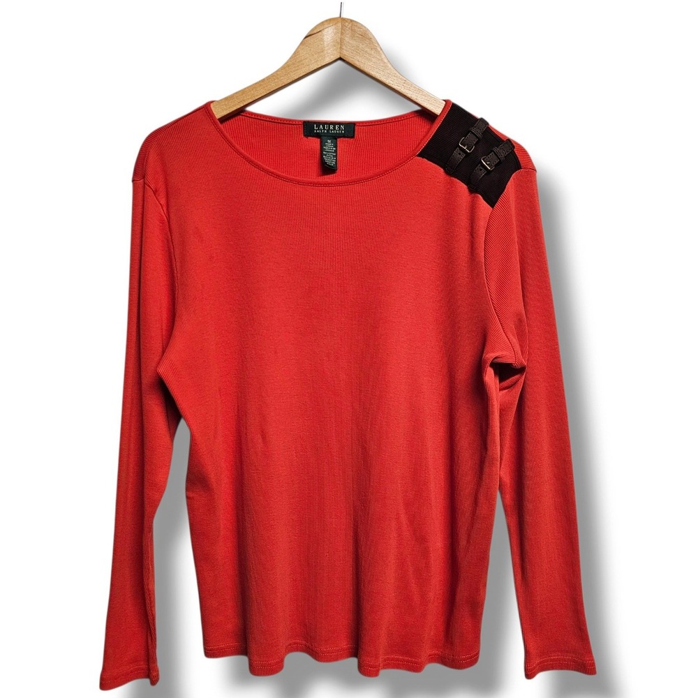 Ralph Lauren Top 1X Womens Rust Orange Equestrian Ribbed Leather Buckle Fall